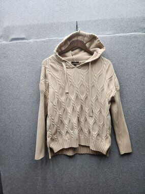 Fate Cable Knit Hooded Sweater Beige XL Rayon Blend Ribbed Hem Long Sleeves